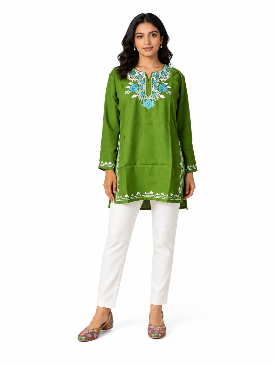 Noor : Aari embroidery summer kurti | Bottle Green